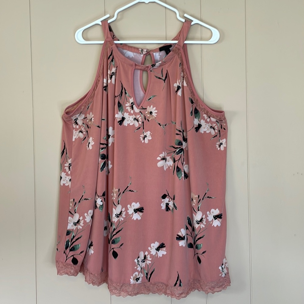 Torrid Pink & Floral Lace Keyhole Clasp Summer Halter Tank Top Size 3X (Plus)